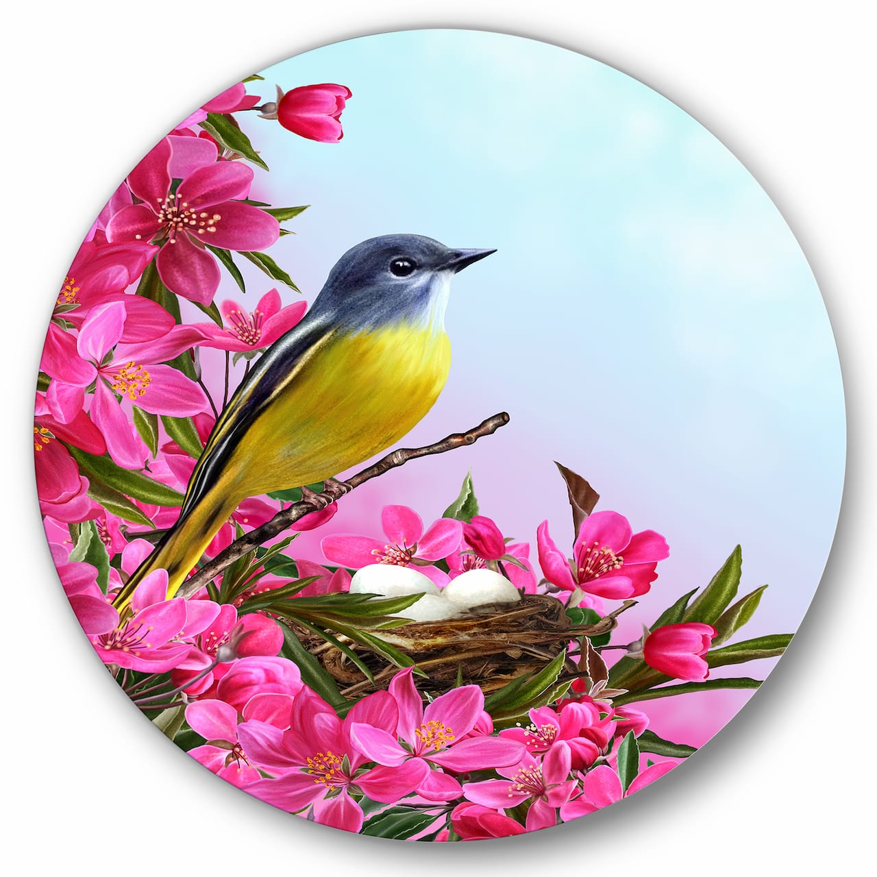 Designart - Little Yellow Bird Near The Nest with Flowers - Traditional Metal Circle Wall Art